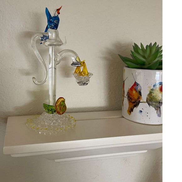 Vtg Hand Blown Spun Glass Art Figurine Blue Bird Water Pump Well Basket romantic - Picture 1 of 11